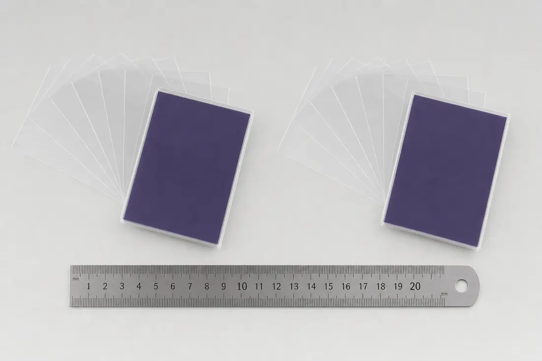 Two identical stacks of sleeved standard-size trading cards side by side with a ruler