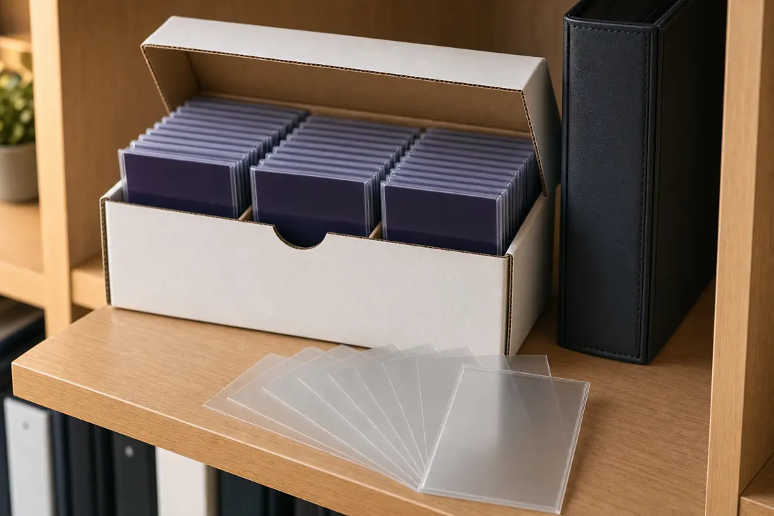 Sleeved trading cards organized in a storage box and a binder on a shelf