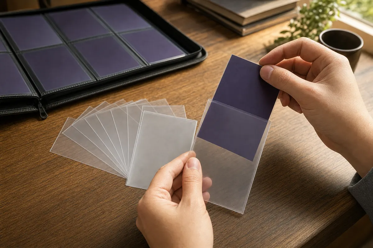 Sleeved trading cards being sorted into a binder on a wooden game table