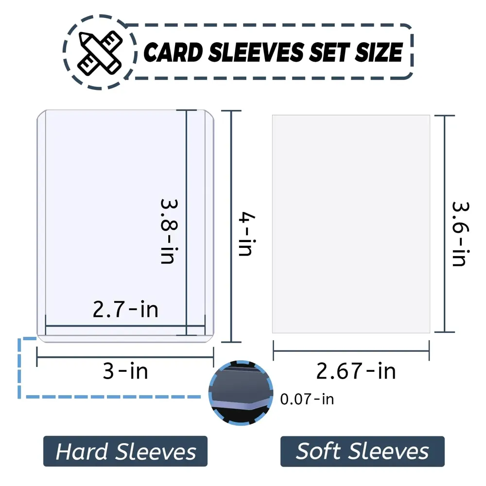 Size diagram of hard 3 x 4 inch toploader and 2.67 x 3.6 inch soft sleeve
