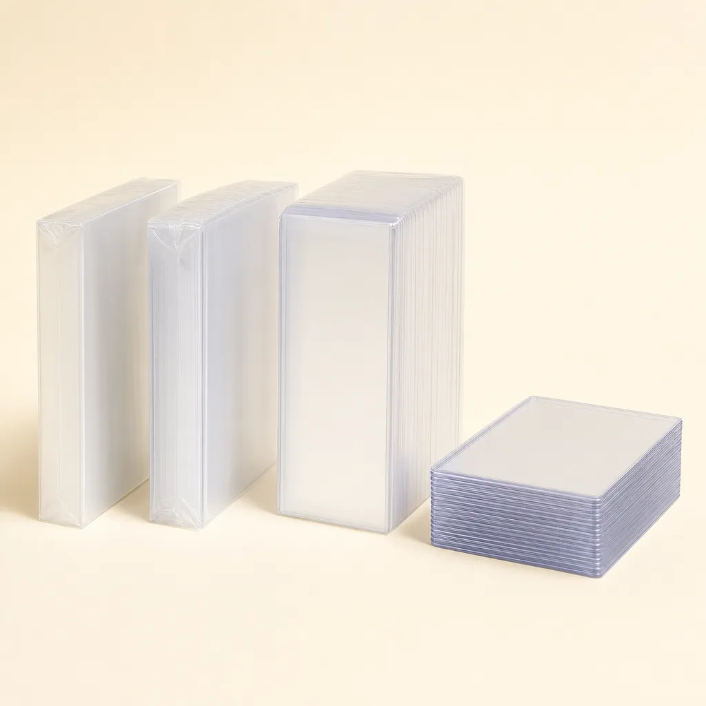 SleeveGuard penny sleeve packs and toploaders lineup on a neutral studio background